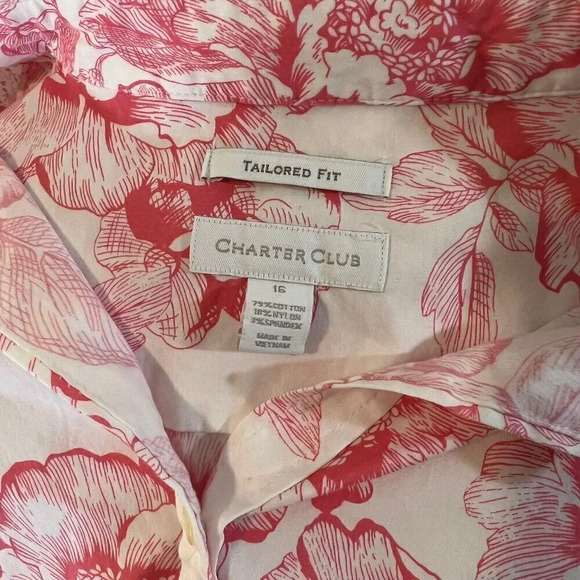 Charter Club Tailored Fit Button Up Tank Plus Size 16 Pink White Floral Pattern - Picture 8 of 8